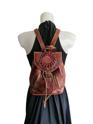 Festival Rugzak- Rugzak-Echt leer-Sun-Bohemian style-Boho style-Gypsy style-Roodbruin-29,5cmx25cmx10cm