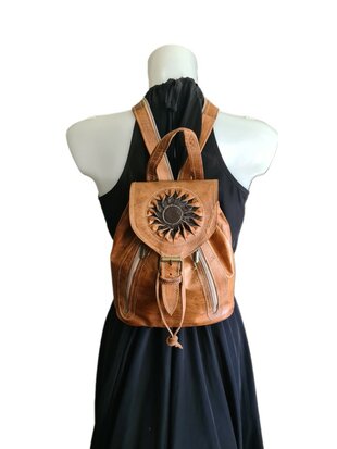 Festival Rugzak- Rugzak-Echt leer-Sun-Bohemian style-Boho style-Gypsy style-Camel-28cmx24cmx10cm