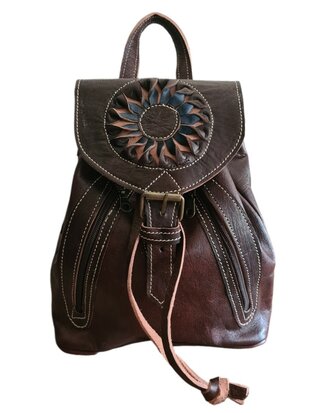 Festival Rugzak- Rugzak-Echt leer-Sun-Bohemian style-Boho style-Gypsy style-Donkerbruin-29cmx26cmx10cm