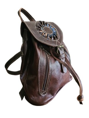 Festival Rugzak- Rugzak-Echt leer-Sun-Bohemian style-Boho style-Gypsy style-Donkerbruin-29cmx26cmx10cm