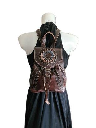 Festival Rugzak- Rugzak-Echt leer-Sun-Bohemian style-Boho style-Gypsy style-Donkerbruin-29cmx26cmx10cm