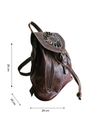 Festival Rugzak- Rugzak-Echt leer-Sun-Bohemian style-Boho style-Gypsy style-Donkerbruin-29cmx26cmx10cm
