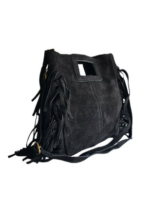 Made in Italy-Crossbody-Schouder tas-Handvat-Suède-Leer-Fringe-Zwart-27cmx25cmx5cm