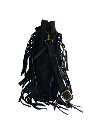 Made in Italy-Crossbody-Schouder tas-Handvat-Suède-Leer-Fringe-Zwart-27cmx25cmx5cm