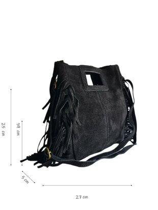 Made in Italy-Crossbody-Schouder tas-Handvat-Suède-Leer-Fringe-Zwart-27cmx25cmx5cm