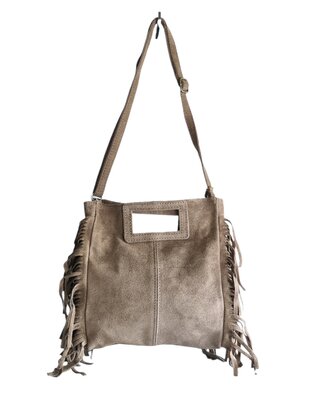 Made in Italy-Crossbody-Schouder tas-Handvat-Suède-Leer-Fringe-Taupe-27cmx25cmx5cm