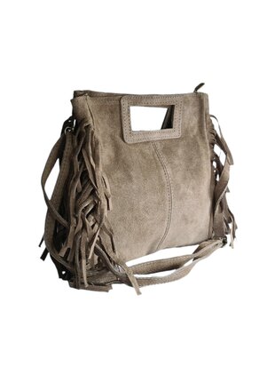 Made in Italy-Crossbody-Schouder tas-Handvat-Suède-Leer-Fringe-Taupe-27cmx25cmx5cm