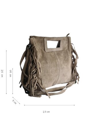 Made in Italy-Crossbody-Schouder tas-Handvat-Suède-Leer-Fringe-Taupe-27cmx25cmx5cm