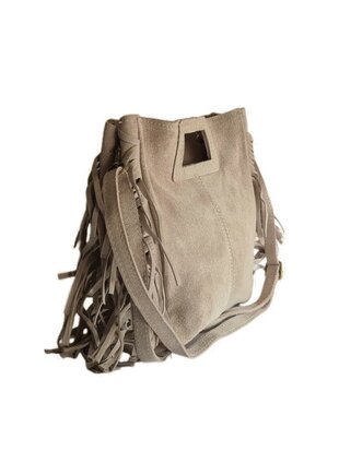 Made in Italy-Crossbody-Schouder tas-Handvat-Suède-Leer-Fringe-Beige-27cmx25cmx5cm