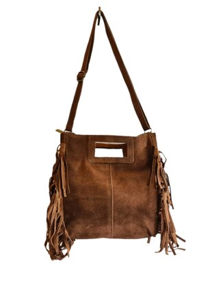 Made in Italy-Crossbody-Schouder tas-Handvat-Suède-Leer-Fringe-Bruin-27cmx25cmx5cm