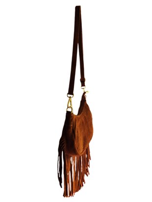 Made in Italy-Boho-tasje-Grof Suède-Echt leer-Fringe-25cmx12,5cmx6cm-Bruin