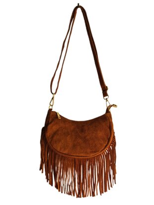 Made in Italy-Boho-tasje-Grof Suède-Echt leer-Fringe-25cmx12,5cmx6cm-Bruin