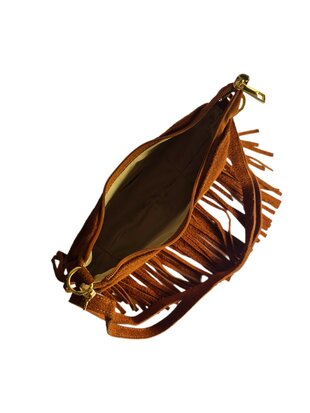 Made in Italy-Boho-tasje-Grof Suède-Echt leer-Fringe-25cmx12,5cmx6cm-Bruin