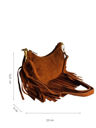Made in Italy-Boho-tasje-Grof Suède-Echt leer-Fringe-25cmx12,5cmx6cm-Bruin
