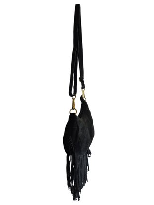 Made in Italy-Boho-tasje-Grof Suède-Echt leer-Fringe-25cmx12,5cmx6cm-Zwart