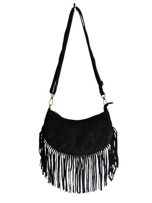 Made in Italy-Boho-tasje-Grof Suède-Echt leer-Fringe-25cmx12,5cmx6cm-Zwart