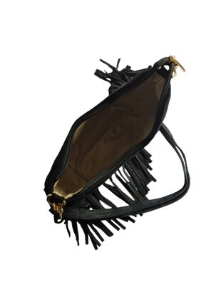 Made in Italy-Boho-tasje-Grof Suède-Echt leer-Fringe-25cmx12,5cmx6cm-Zwart