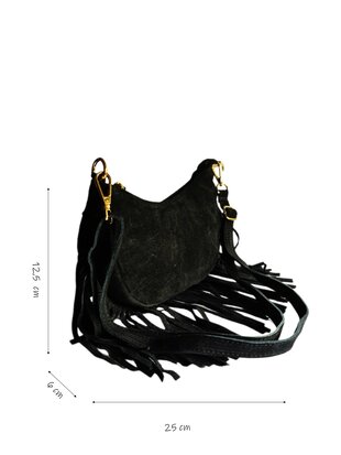 Made in Italy-Boho-tasje-Grof Suède-Echt leer-Fringe-25cmx12,5cmx6cm-Zwart