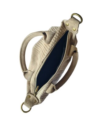 Made in Italy-Schoudertas-Handtas- Groot-Suède-Echt leer-Fringe-34cmx25cmx15cm-Beige