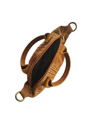 Made in Italy-Schoudertas-Handtas- Groot-Suède-Echt leer-Fringe-34cmx25cmx15cm-Cognac