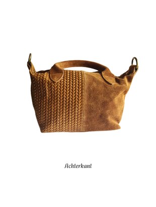 Made in Italy-Schoudertas-Handtas- Groot-Suède-Echt leer-Fringe-34cmx25cmx15cm-Cognac