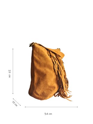 Made in Italy-Schoudertas-Handtas-Crossbody-Groot-Suède-Echt-leer-Fringe-34cmx25cmx15cm-Cognac