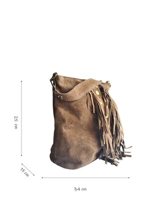 Made in Italy-Schoudertas-Handtas-Crossbody-Groot-Suède-Echt-leer-Fringe-34cmx25cmx15cm-Taupe
