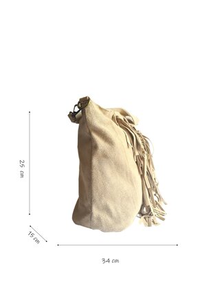 Made in Italy-Schoudertas-Handtas-Crossbody-Groot-Suède-Echt-leer-Fringe-34cmx25cmx15cm-Beige