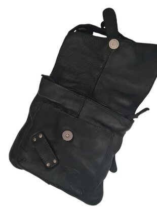 Ven Tomy-Schoudertas-crossbody-Hoogwaardig leer-Gewassen leer- Soepel leer-Vintage-Zwart-19cmx19cmx7cm