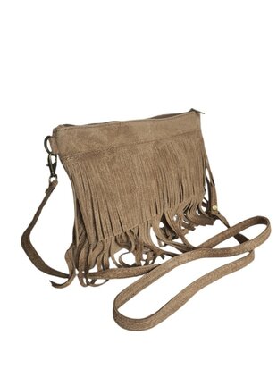 Made in Italy-Crossbody-Schouder tas-Suède-Leer-Fringe-Franje-Taupe-28cmx19cmx3cm