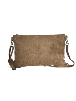 Made in Italy-Crossbody-Schouder tas-Suède-Leer-Fringe-Franje-Taupe-28cmx19cmx3cm