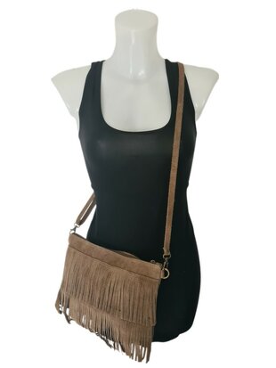 Made in Italy-Crossbody-Schouder tas-Suède-Leer-Fringe-Franje-Taupe-28cmx19cmx3cm