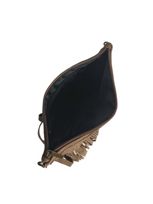 Made in Italy-Crossbody-Schouder tas-Suède-Leer-Fringe-Franje-Taupe-28cmx19cmx3cm