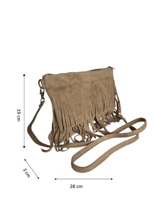 Made in Italy-Crossbody-Schouder tas-Suède-Leer-Fringe-Franje-Taupe-28cmx19cmx3cm
