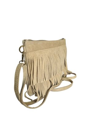 Made in Italy-Crossbody-Schouder tas-Suède-Leer-Fringe-Franje-Beige-28cmx19cmx3cm