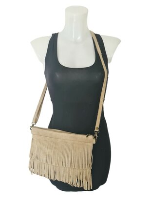 Made in Italy-Crossbody-Schouder tas-Suède-Leer-Fringe-Franje-Beige-28cmx19cmx3cm