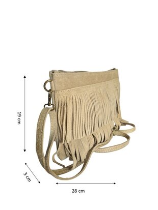 Made in Italy-Crossbody-Schouder tas-Suède-Leer-Fringe-Franje-Beige-28cmx19cmx3cm
