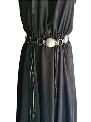 Riem-Knoopriem-Echt Leer-Bohemian-Boho style- Munten- Zwart-Breed 5cm x 60cm koord-85 cm riem-60cm koord