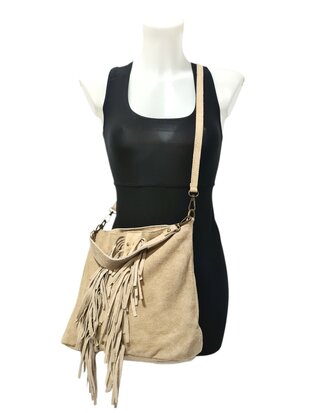 Made in Italy-Schoudertas-Handtas-Crossbody-Groot-Suède-Echt-leer-Fringe-34cmx25cmx15cm-Beige