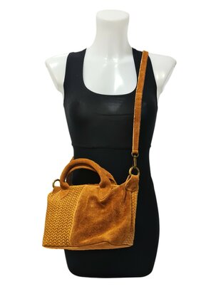 Made in Italy-Schoudertas-Handtas- Groot-Suède-Echt leer-Fringe-34cmx25cmx15cm-Cognac