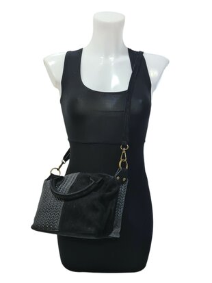 Made in Italy-Schoudertas-Handtas- Groot-Suède-Echt leer-Fringe-34cmx25cmx15cm-Zwart