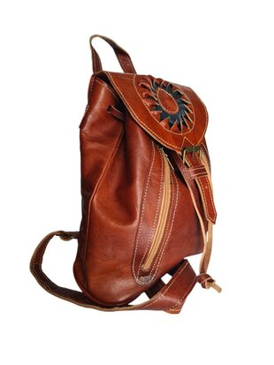 Festival Rugzak- Rugzak-Echt leer-Sun-Bohemian style-Boho style-Gypsy style-Cognac-29cmx26cmx10cm