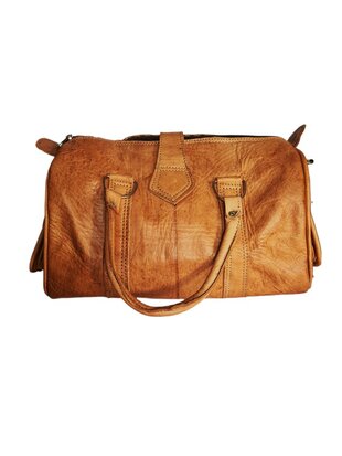 Schoudertas-crossbody-Echt leer-Handmade in Marokko-Vintage look-Bowlingbal model-30cmx18cmx15cm-Camel