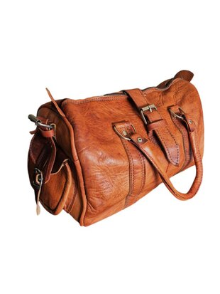 Schoudertas-crossbody-Echt leer-Handmade in Marokko-Vintage look-Bowlingbal model-30cmx18cmx15cm-Cognac