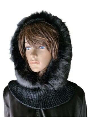 Capuchon Sjaal-Col sjaal-Sjaal-Muts-Grof gebreid-Imitatie bont-Superzacht-Warm-Fluffy- Stijlvol-One size-Zwart