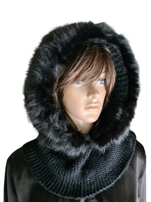Capuchon Sjaal-Col sjaal-Sjaal-Muts-Grof gebreid-Imitatie bont-Superzacht-Warm-Fluffy- Stijlvol-One size-Zwart