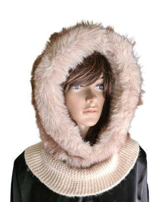 Capuchon Sjaal-Col sjaal-Sjaal-Muts-Grof gebreid-Imitatie bont-Superzacht-Warm-Fluffy- Stijlvol-One size-Beige