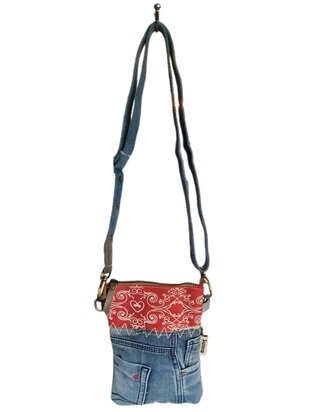 Sunsa-Tasje-Denim-Canvas-Leer-gerecyclede jeans-Rood-dames-heren-Retro-Vintage-Streetwear-18 x 23 x 2 cm