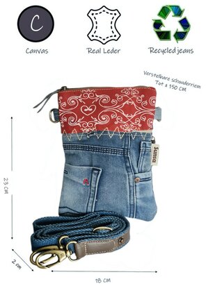 Sunsa-Tasje-Denim-Canvas-Leer-gerecyclede jeans-Rood-dames-heren-Retro-Vintage-Streetwear-18 x 23 x 2 cm