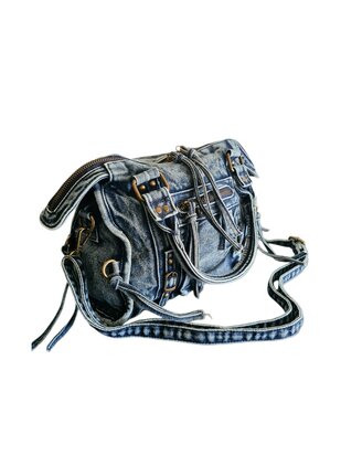 Jeans bowling bag-handtas-schoudertas-crossbody-Urban style-Vintage look-Trendy-30,5cmx25cmx9cm-Denim blauw